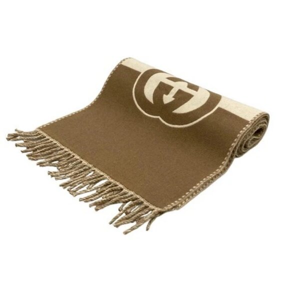 GUCCI Interlocking G 715497 Beige Brown Wool Cashmere Scarf